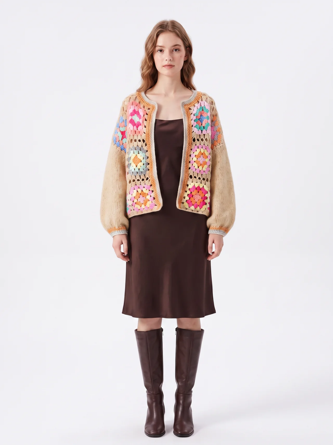 Millicent | Crochet Granny Square Cardigan, Cropped Open Front Knitwear