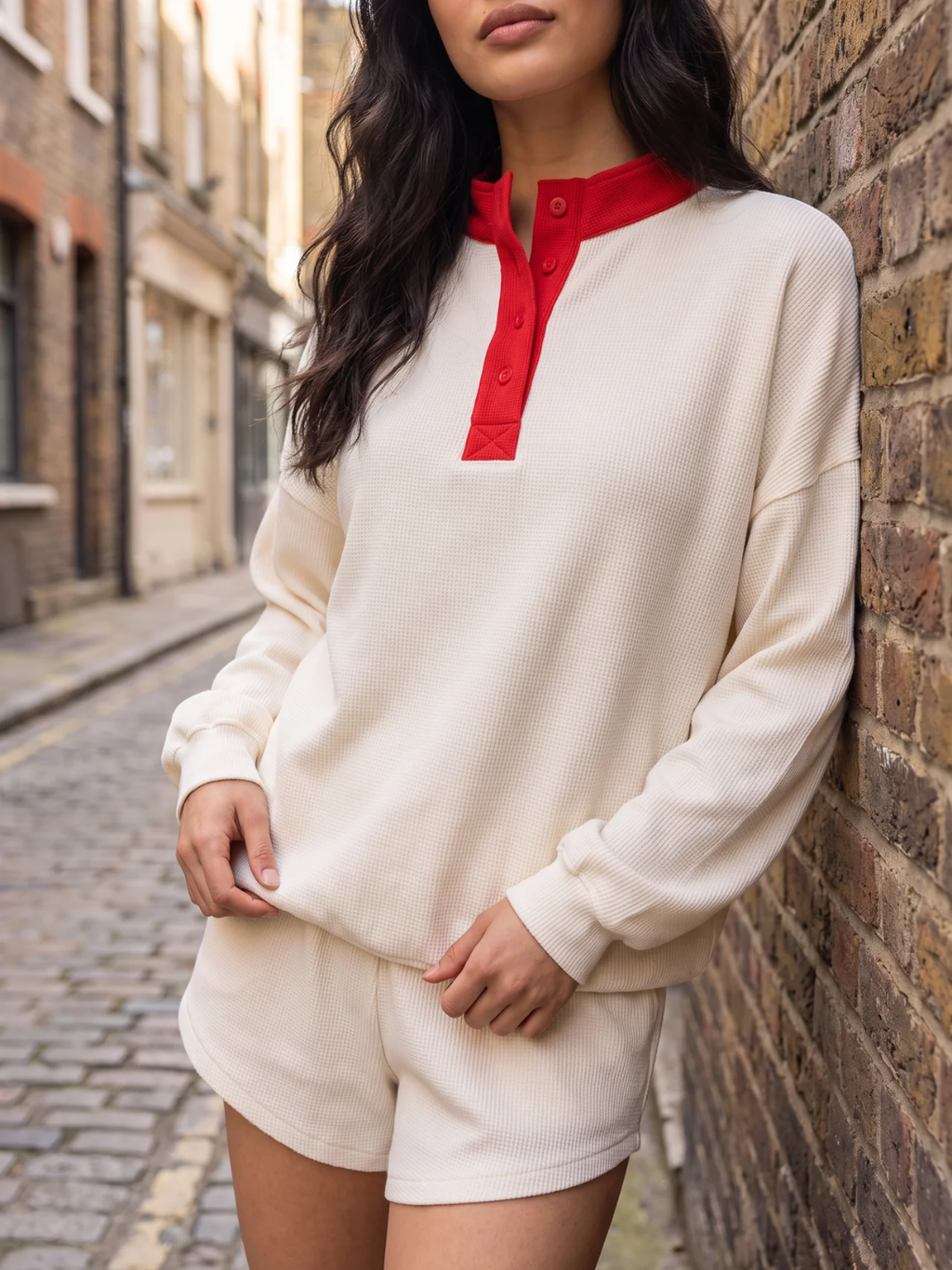 Fenella | Waffle Knit Henley Sweatshirt, Contrast Collar Oversized Top