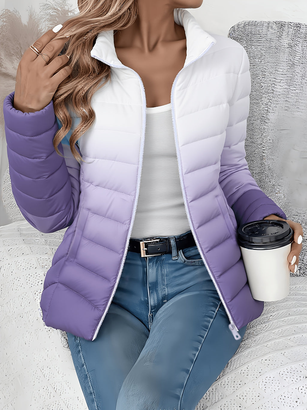 Women's Spring Slim-Fit Lightweight Warm Solid Color Jacket - Elegant, Stylish, and Versatile Beautiful Jacket - Stand Collar Zipper Long Sleeve - Casual Padded Polyester Fiber Cropped Coat - Seasonal Transition Jacket - High-Quality Classic Popular