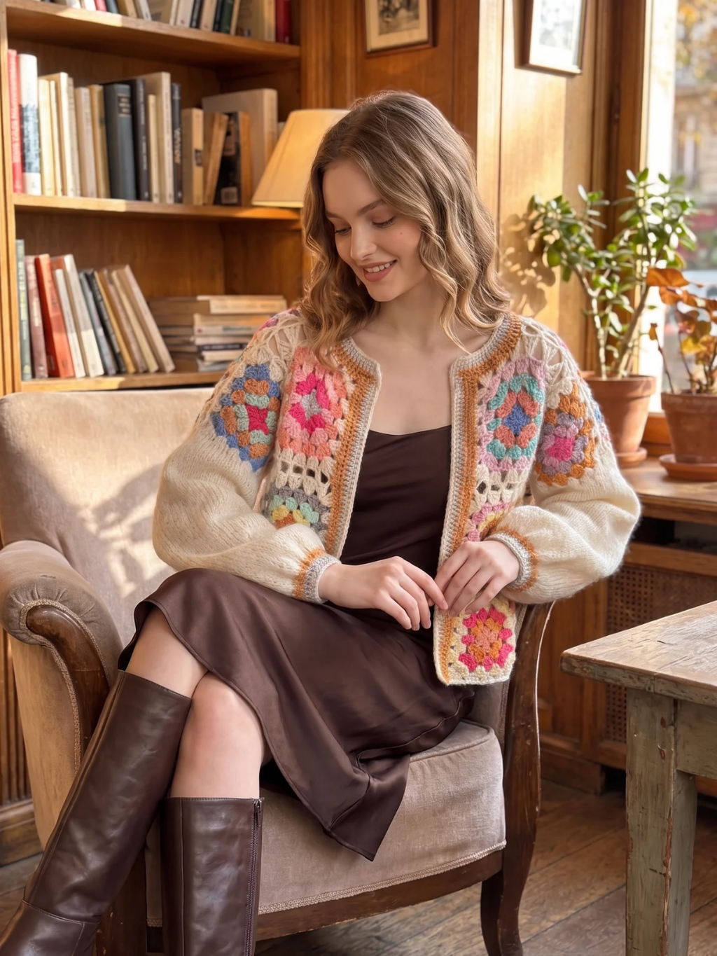 Millicent | Crochet Granny Square Cardigan, Cropped Open Front Knitwear