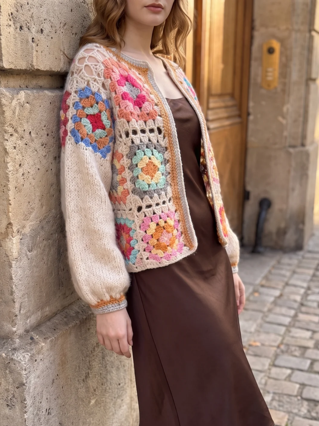Millicent | Crochet Granny Square Cardigan, Cropped Open Front Knitwear