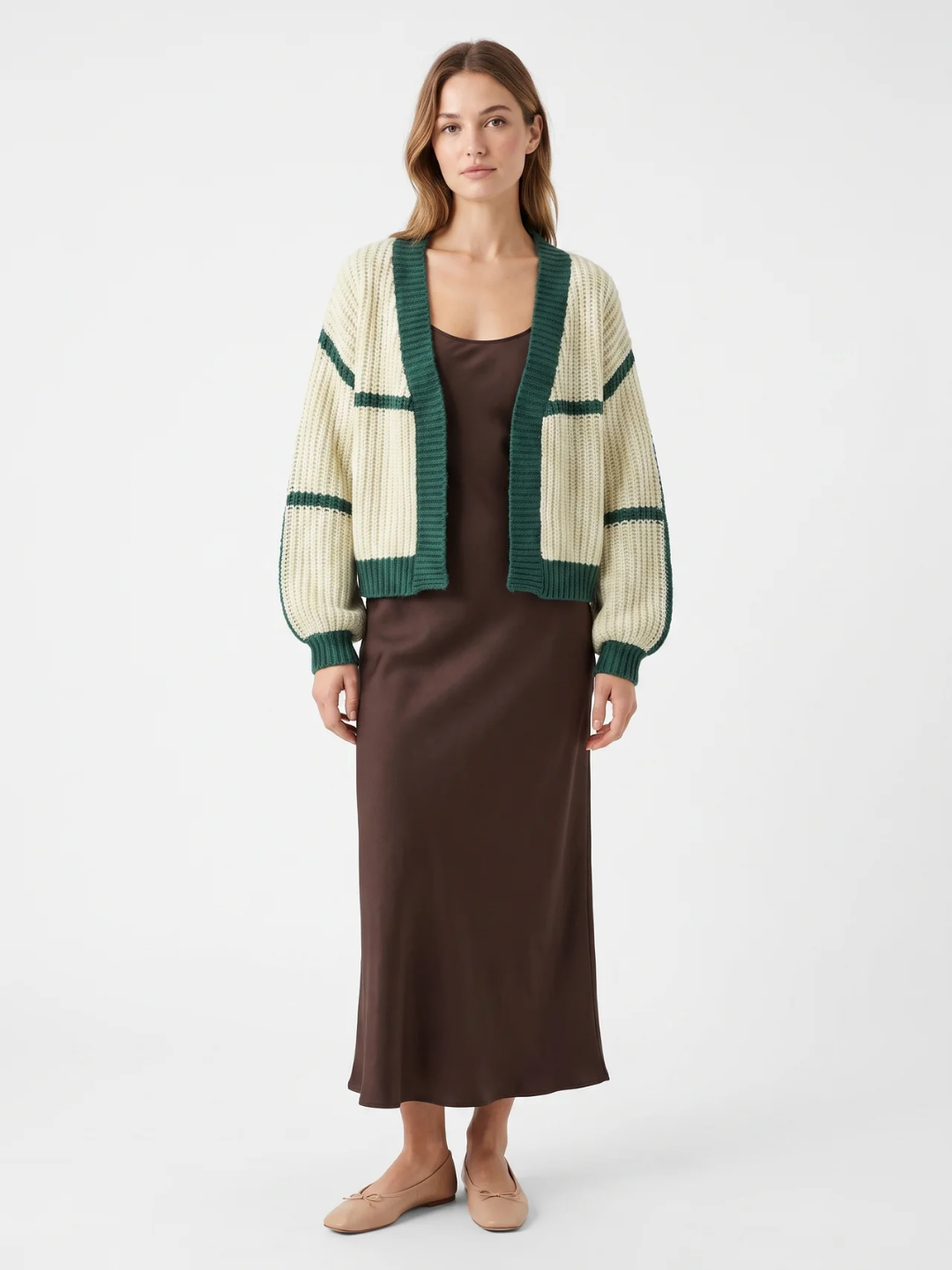 Dorothea | Colour Block Knit Cardigan, Cropped Open Front Winter Knitwear