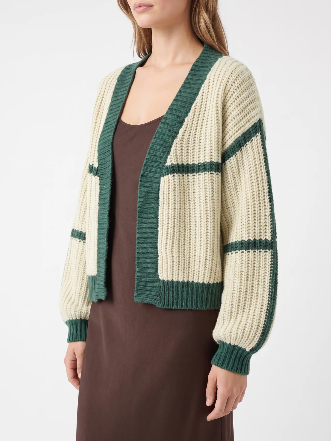 Dorothea | Colour Block Knit Cardigan, Cropped Open Front Winter Knitwear