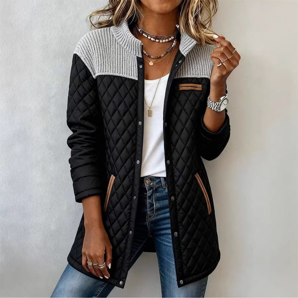 2026 Fall Winter Women'S Black Coat with Spliced Round Neck, Long Sleeves, Pockets, Loose Fit, And Diamond Quilted Padding
