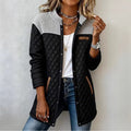 2026 Fall Winter Women'S Black Coat with Spliced Round Neck, Long Sleeves, Pockets, Loose Fit, And Diamond Quilted Padding