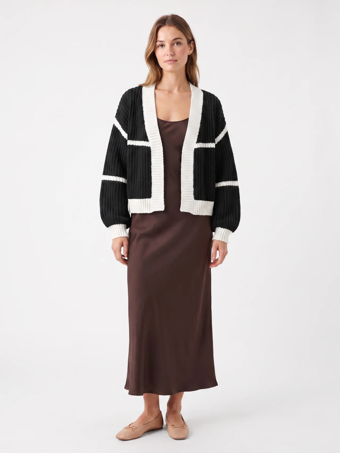 Dorothea | Colour Block Knit Cardigan, Cropped Open Front Winter Knitwear