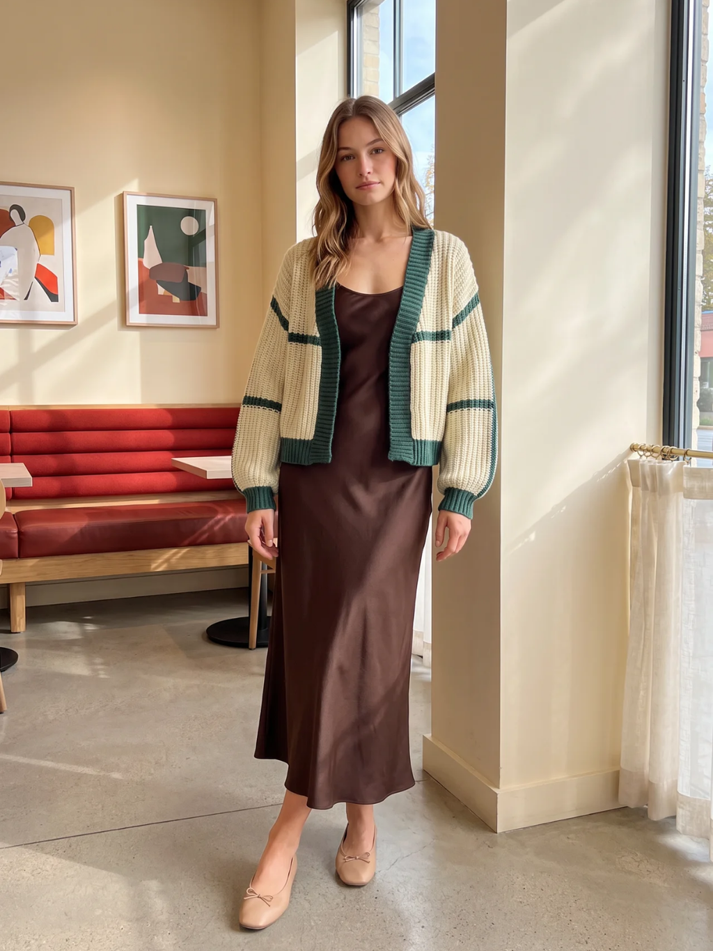 Dorothea | Colour Block Knit Cardigan, Cropped Open Front Winter Knitwear