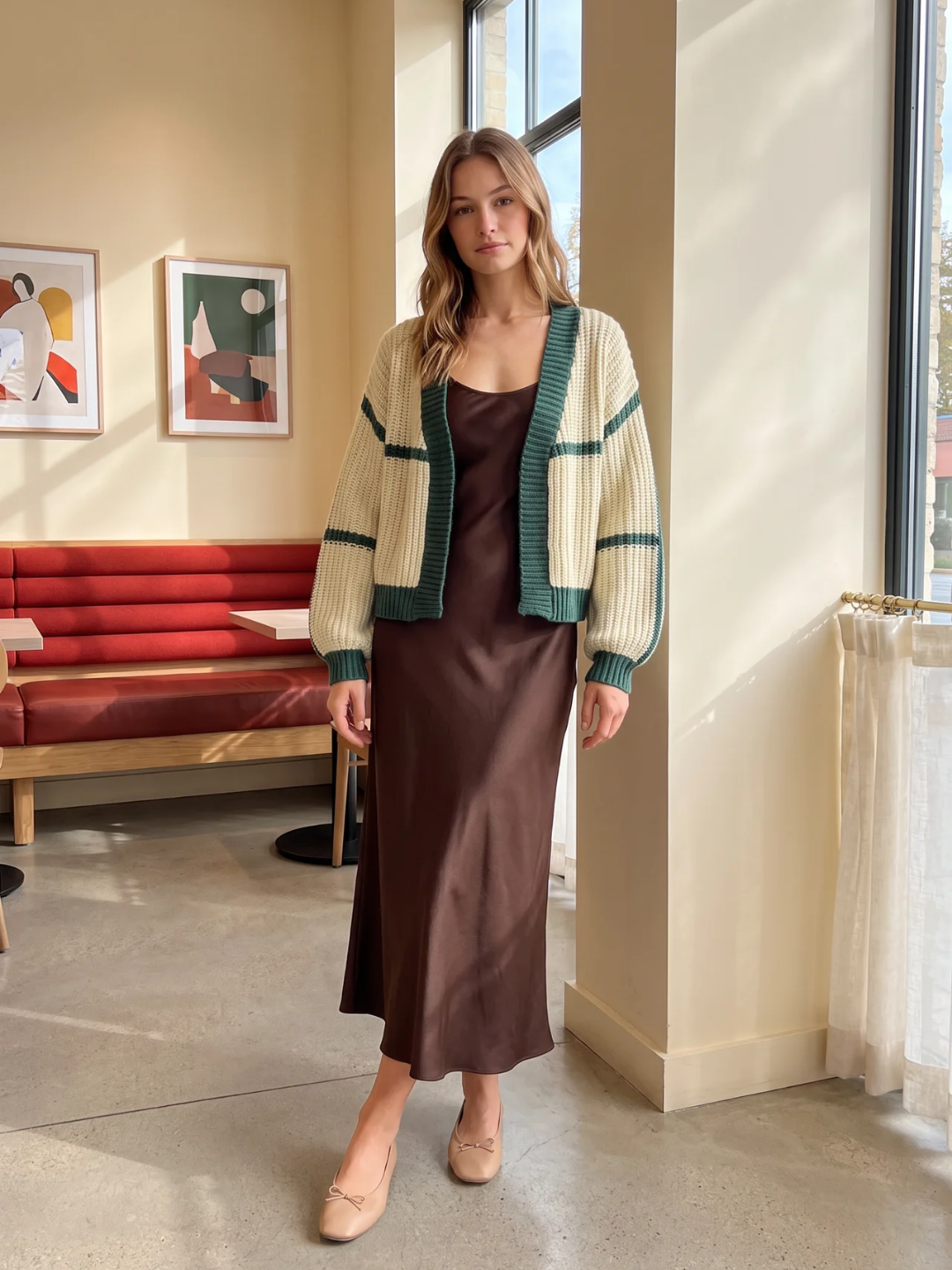 Dorothea | Colour Block Knit Cardigan, Cropped Open Front Winter Knitwear