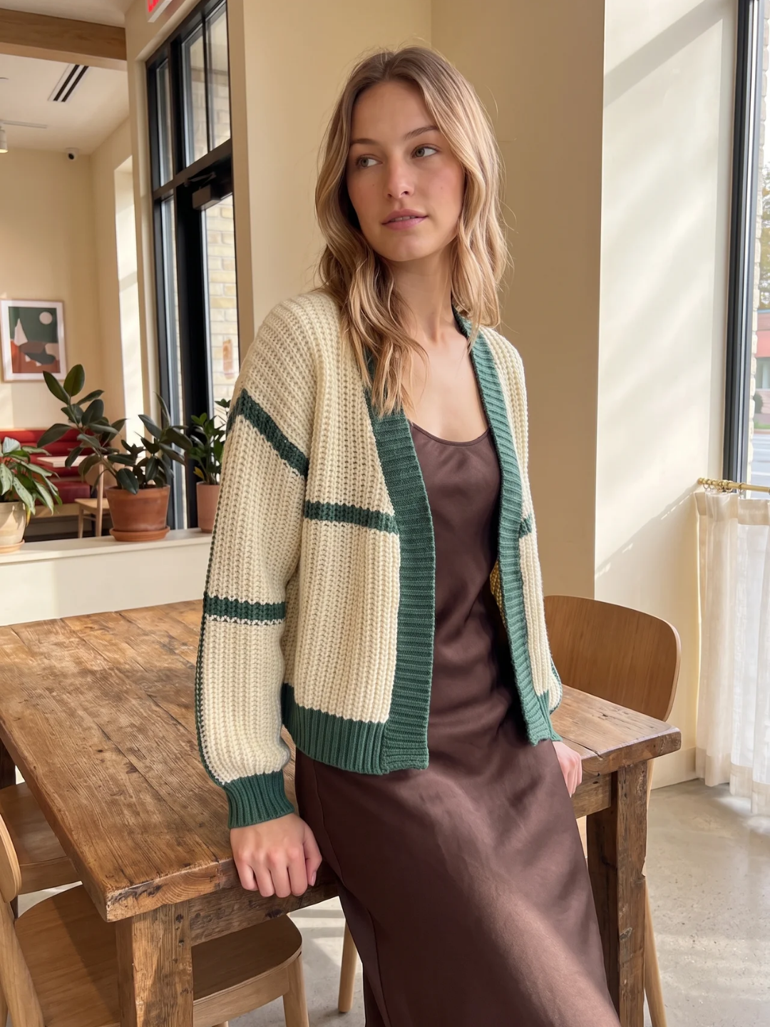 Dorothea | Colour Block Knit Cardigan, Cropped Open Front Winter Knitwear