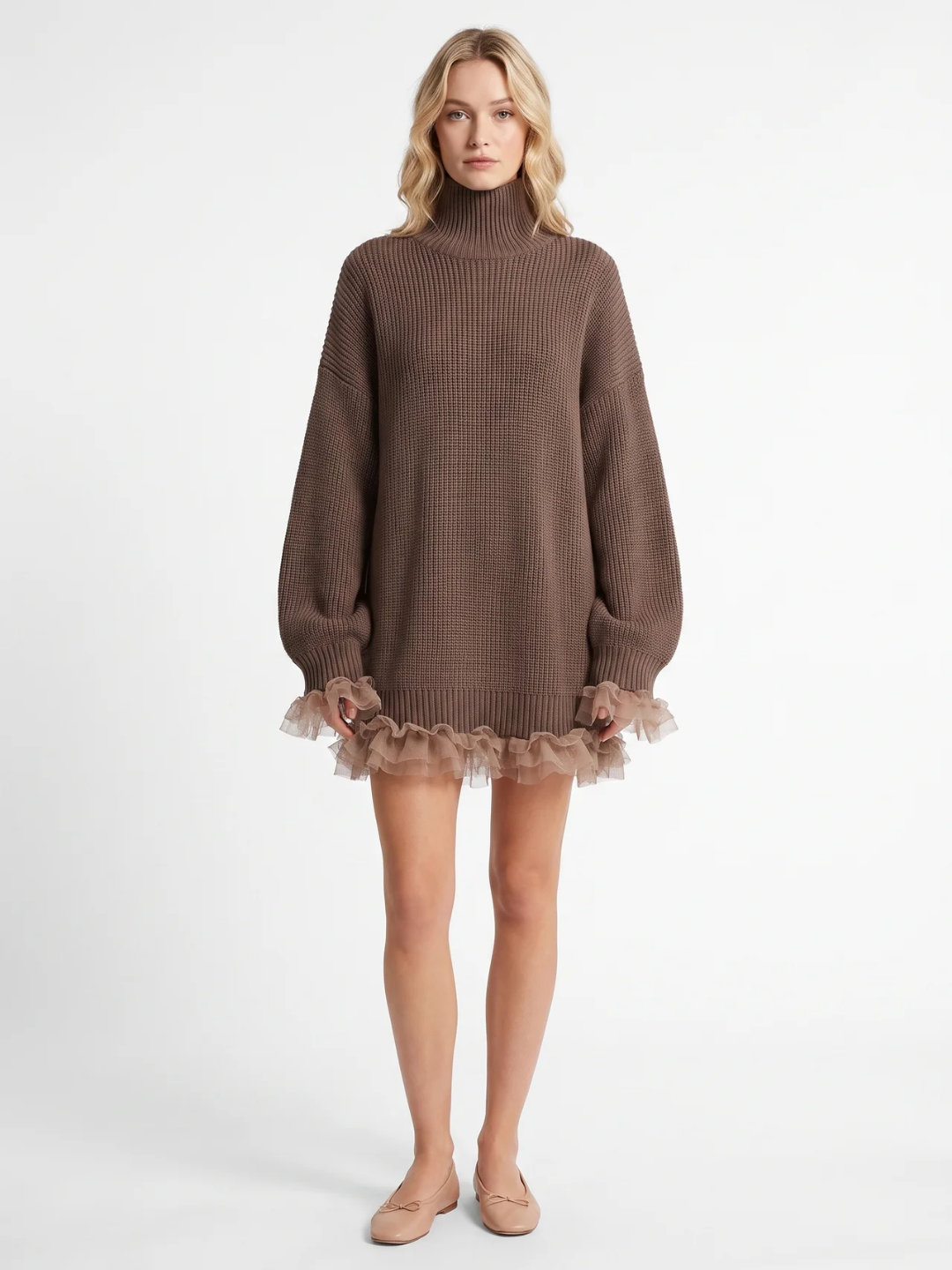 Genevieve | Ruffle Hem Roll Neck Jumper Dress, Oversized Winter Sweater Dress