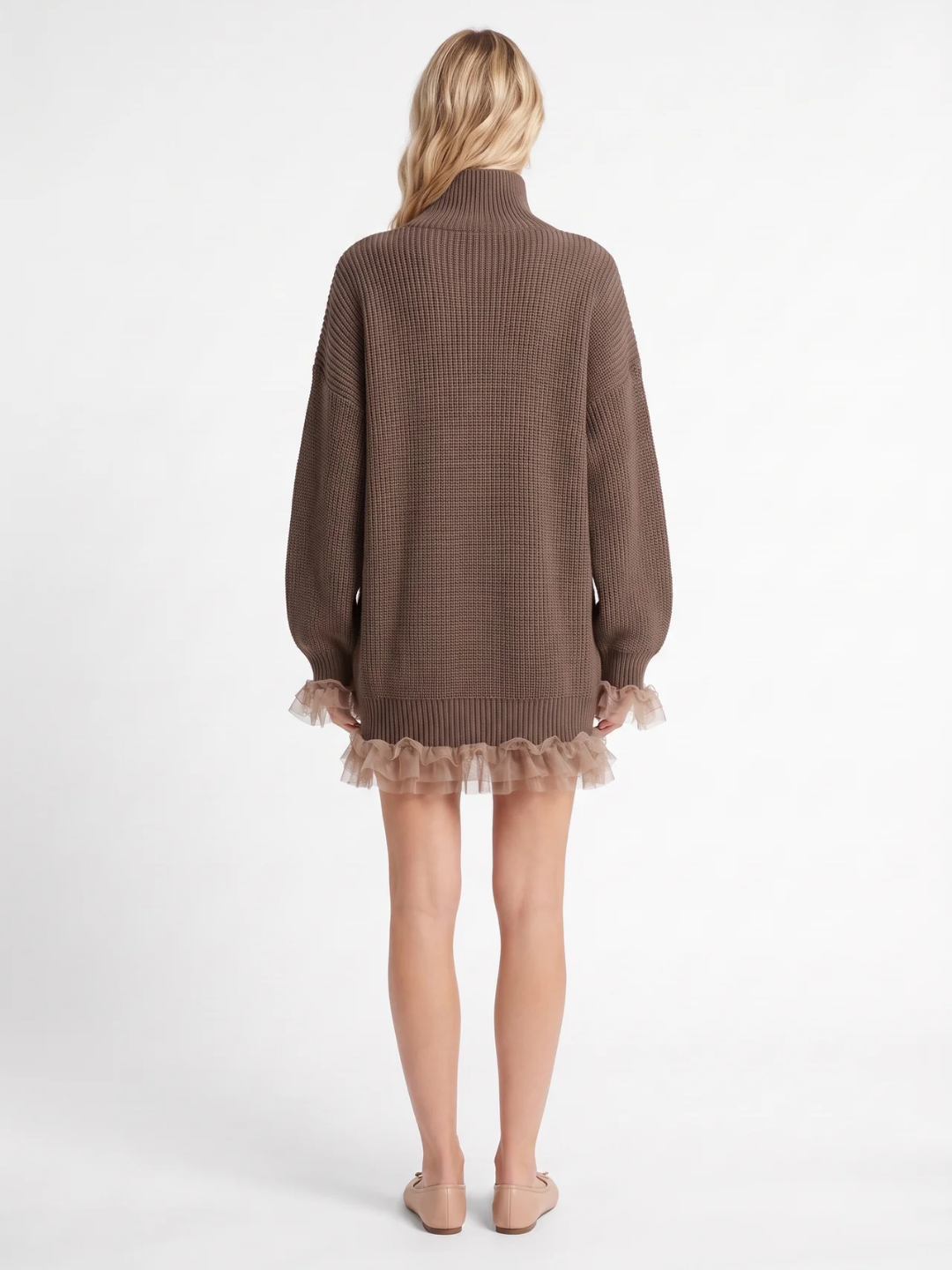Genevieve | Ruffle Hem Roll Neck Jumper Dress, Oversized Winter Sweater Dress