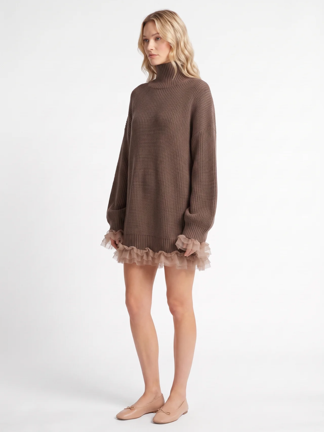 Genevieve | Ruffle Hem Roll Neck Jumper Dress, Oversized Winter Sweater Dress