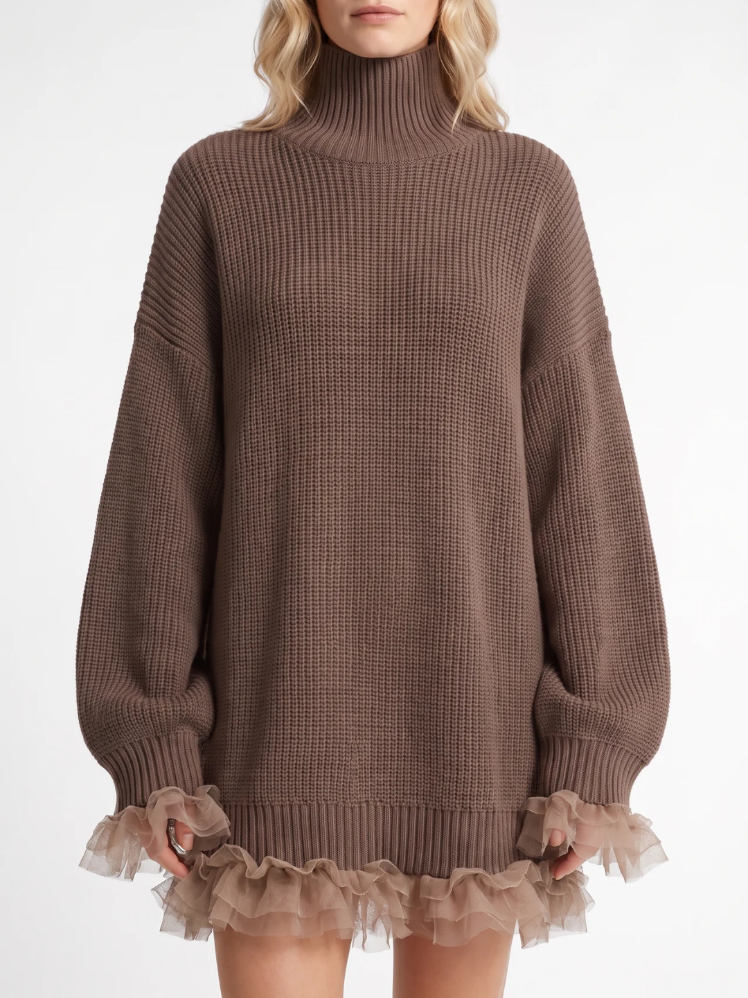 Genevieve | Ruffle Hem Roll Neck Jumper Dress, Oversized Winter Sweater Dress