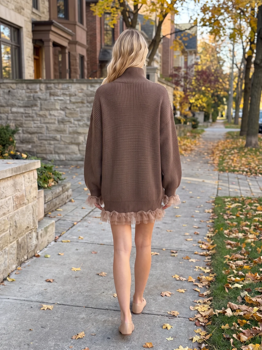 Genevieve | Ruffle Hem Roll Neck Jumper Dress, Oversized Winter Sweater Dress