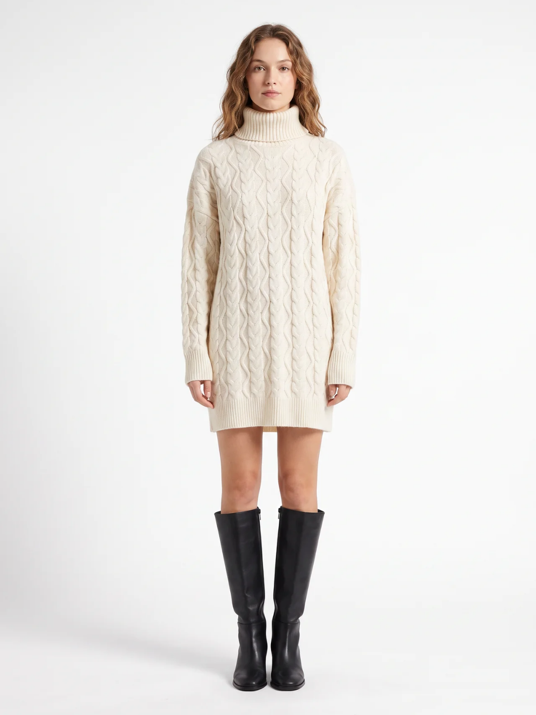 Sybil | Cable Knit Roll Neck Mini Dress, Long Sleeve Winter Jumper Dress