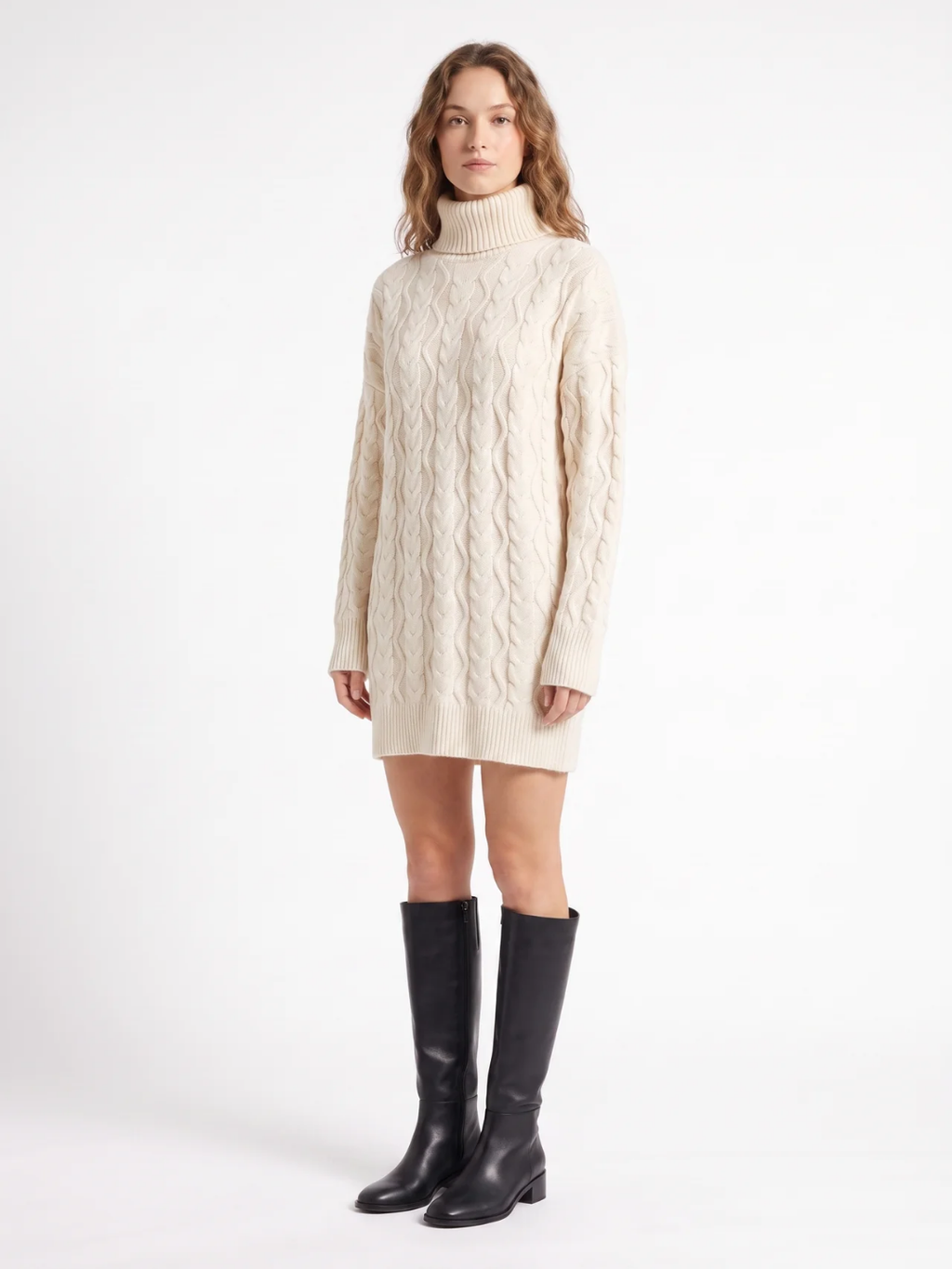 Sybil | Cable Knit Roll Neck Mini Dress, Long Sleeve Winter Jumper Dress