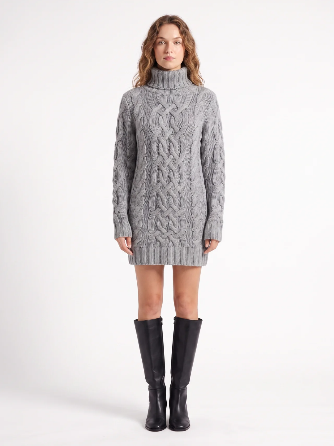 Sybil | Cable Knit Roll Neck Mini Dress, Long Sleeve Winter Jumper Dress