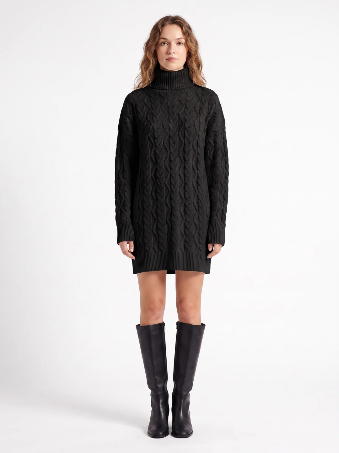 Sybil | Cable Knit Roll Neck Mini Dress, Long Sleeve Winter Jumper Dress