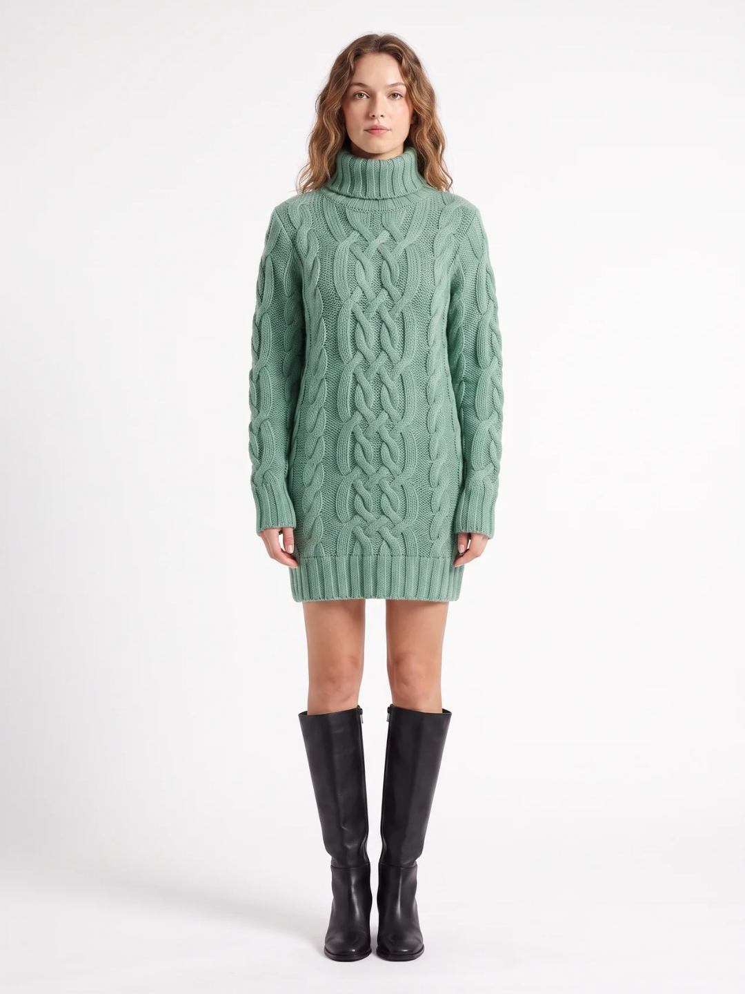 Sybil | Cable Knit Roll Neck Mini Dress, Long Sleeve Winter Jumper Dress