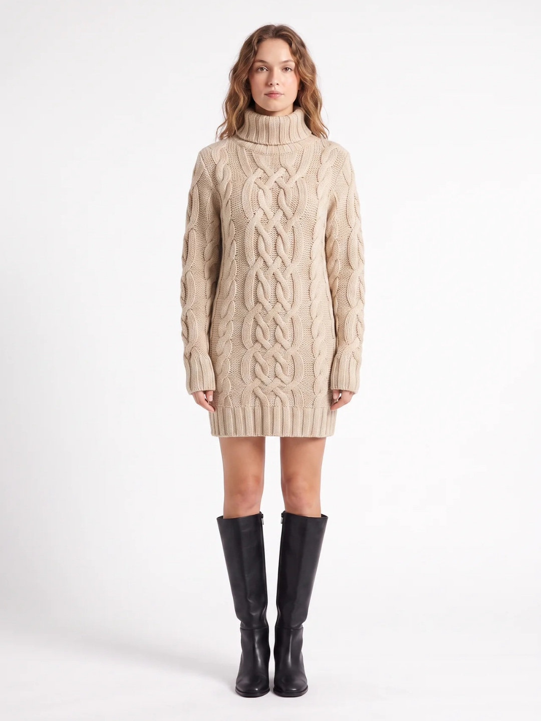 Sybil | Cable Knit Roll Neck Mini Dress, Long Sleeve Winter Jumper Dress