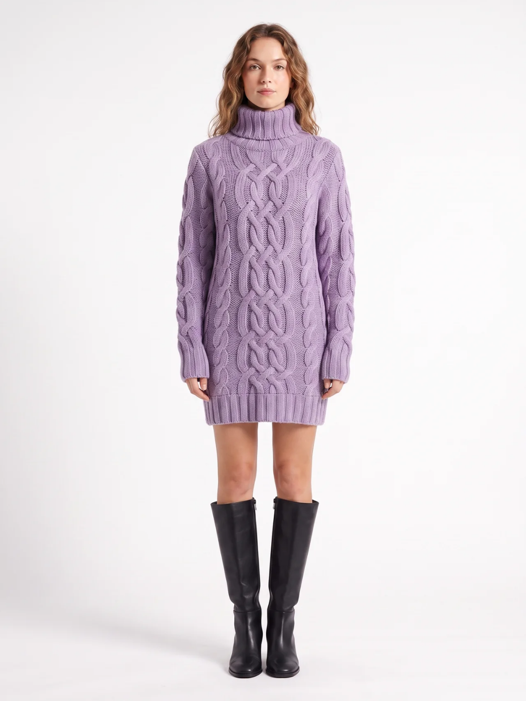 Sybil | Cable Knit Roll Neck Mini Dress, Long Sleeve Winter Jumper Dress
