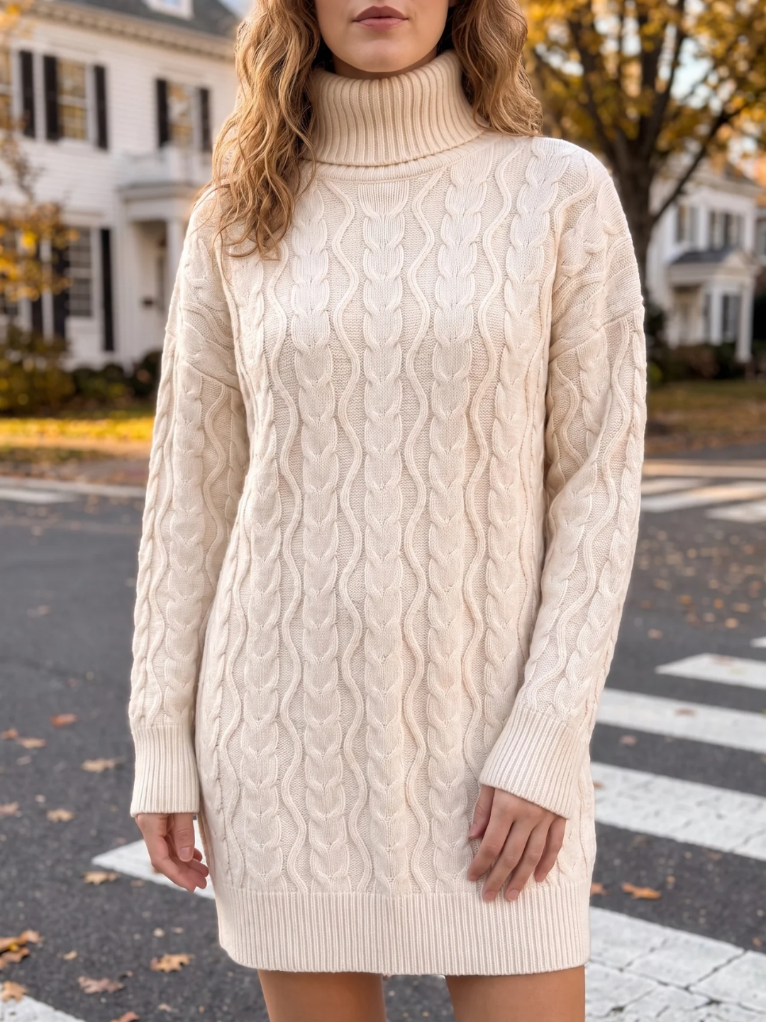 Sybil | Cable Knit Roll Neck Mini Dress, Long Sleeve Winter Jumper Dress