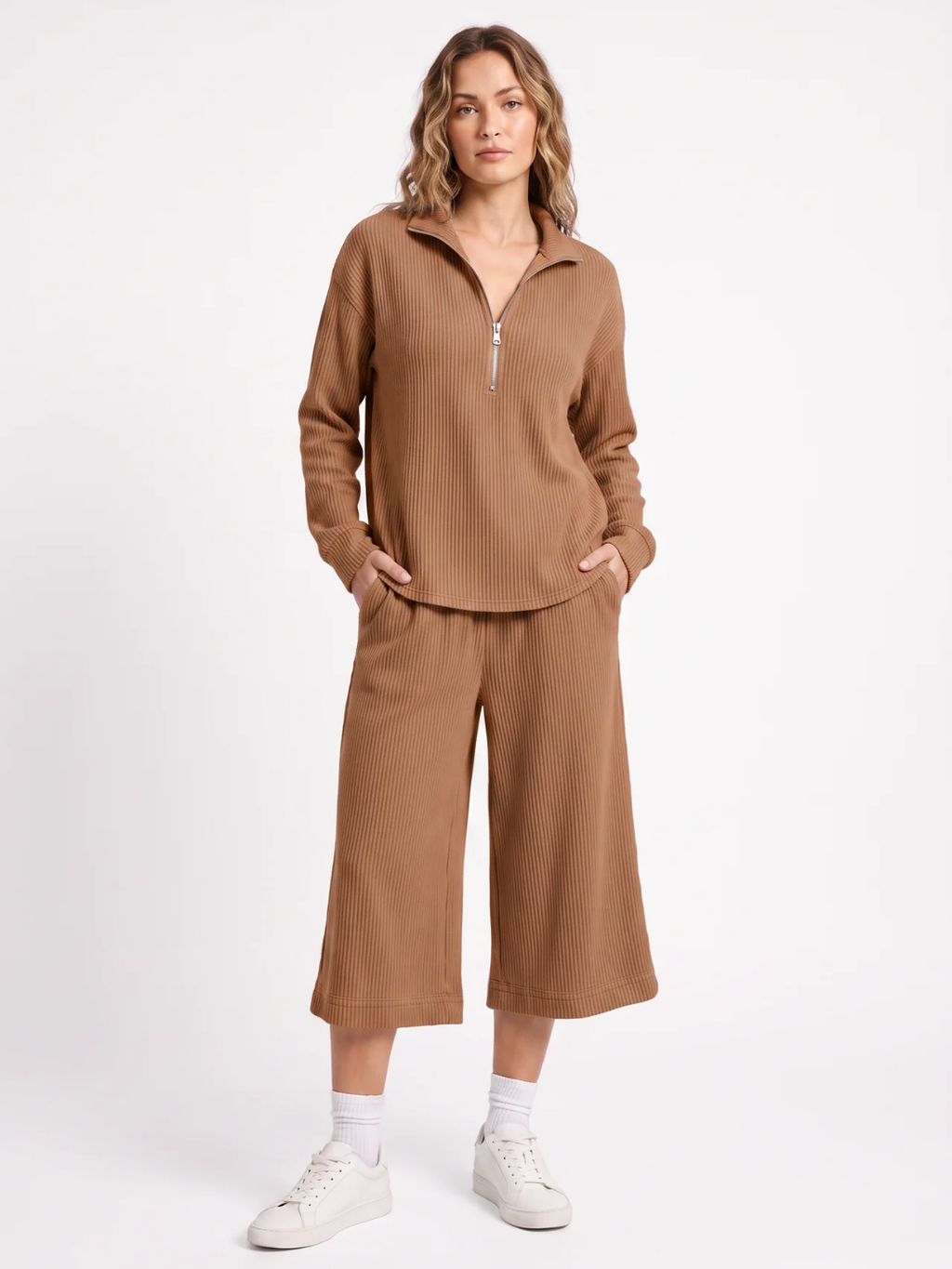 Iris | Half Zip Ribbed Knit Two Piece Set, Wide Leg Loungewear Co-ord