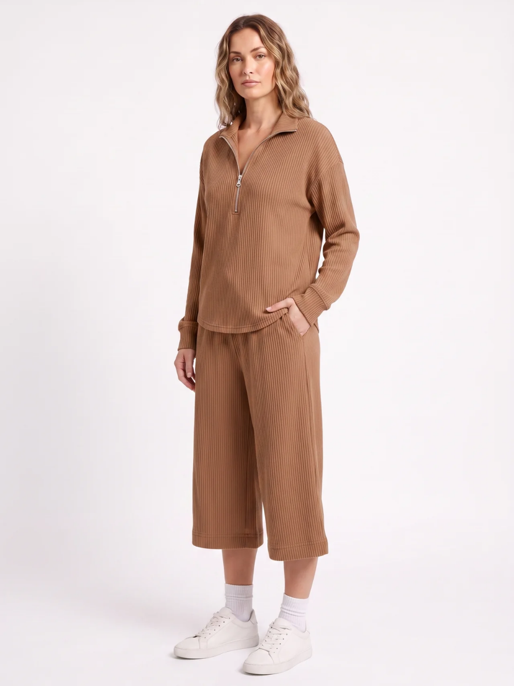 Iris | Half Zip Ribbed Knit Two Piece Set, Wide Leg Loungewear Co-ord