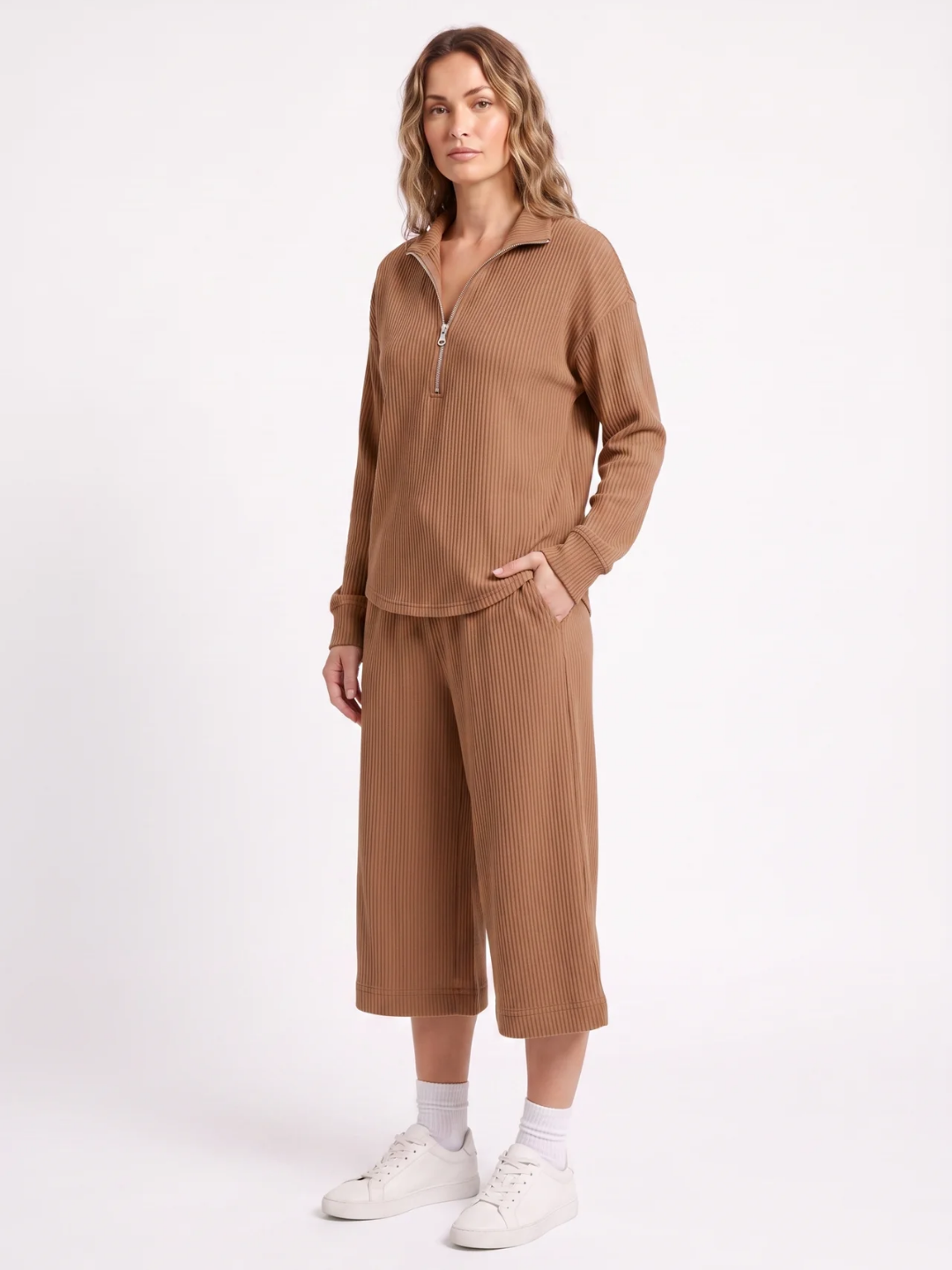 Iris | Half Zip Ribbed Knit Two Piece Set, Wide Leg Loungewear Co-ord