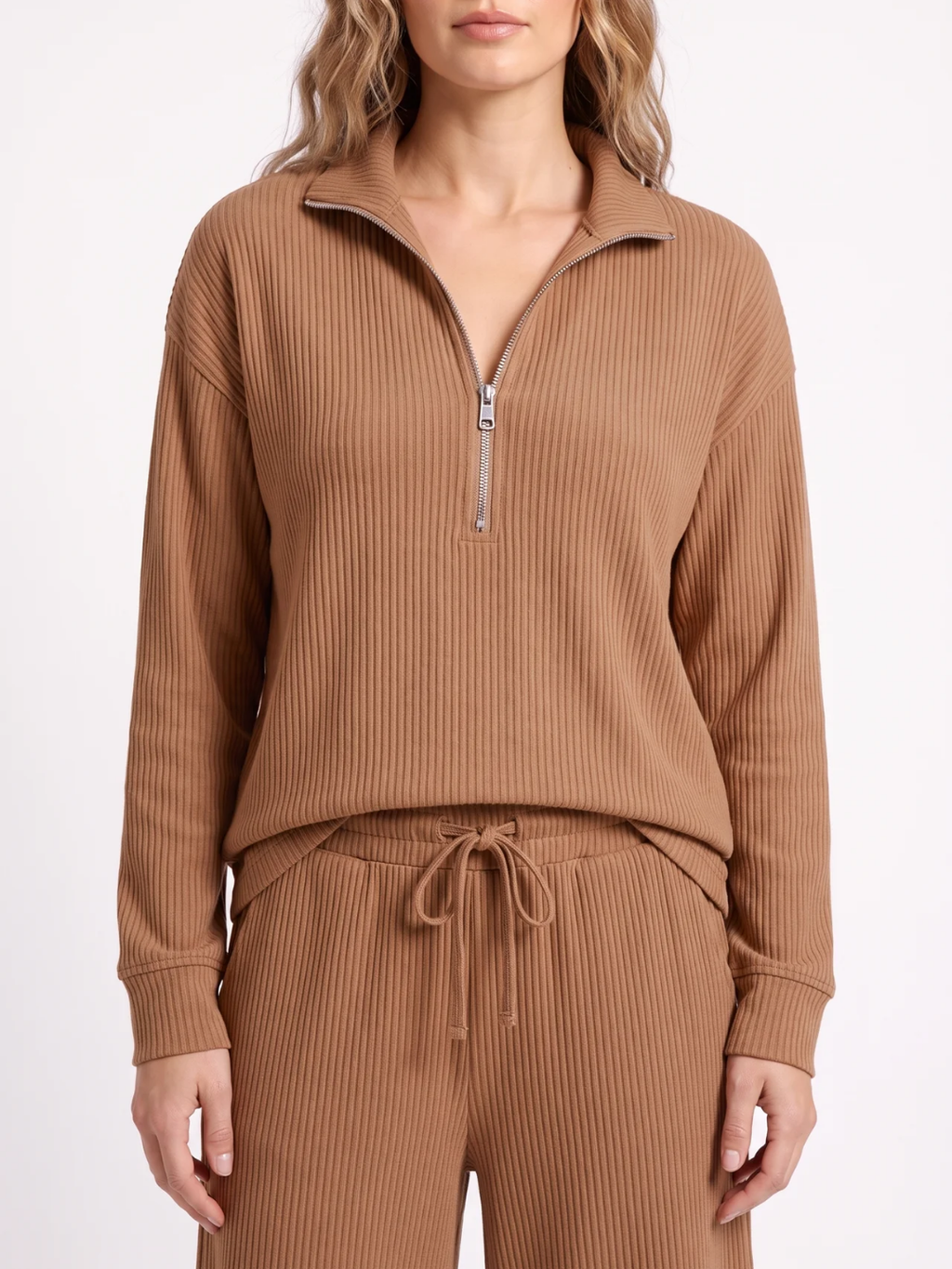 Iris | Half Zip Ribbed Knit Two Piece Set, Wide Leg Loungewear Co-ord