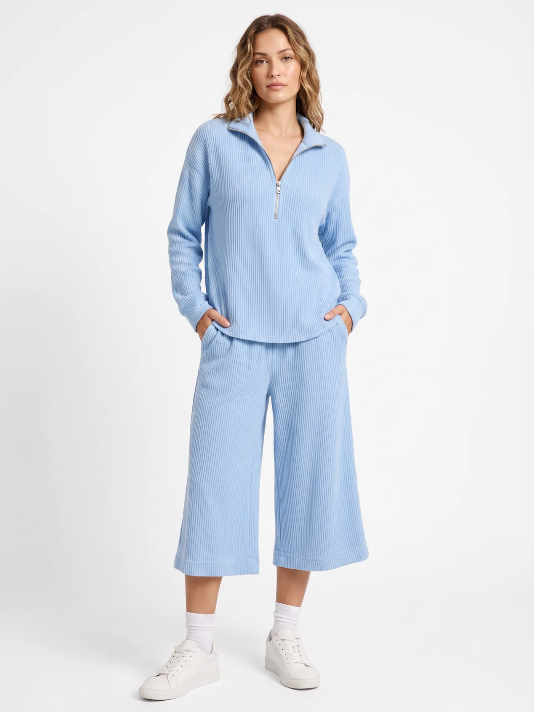 Iris | Half Zip Ribbed Knit Two Piece Set, Wide Leg Loungewear Co-ord
