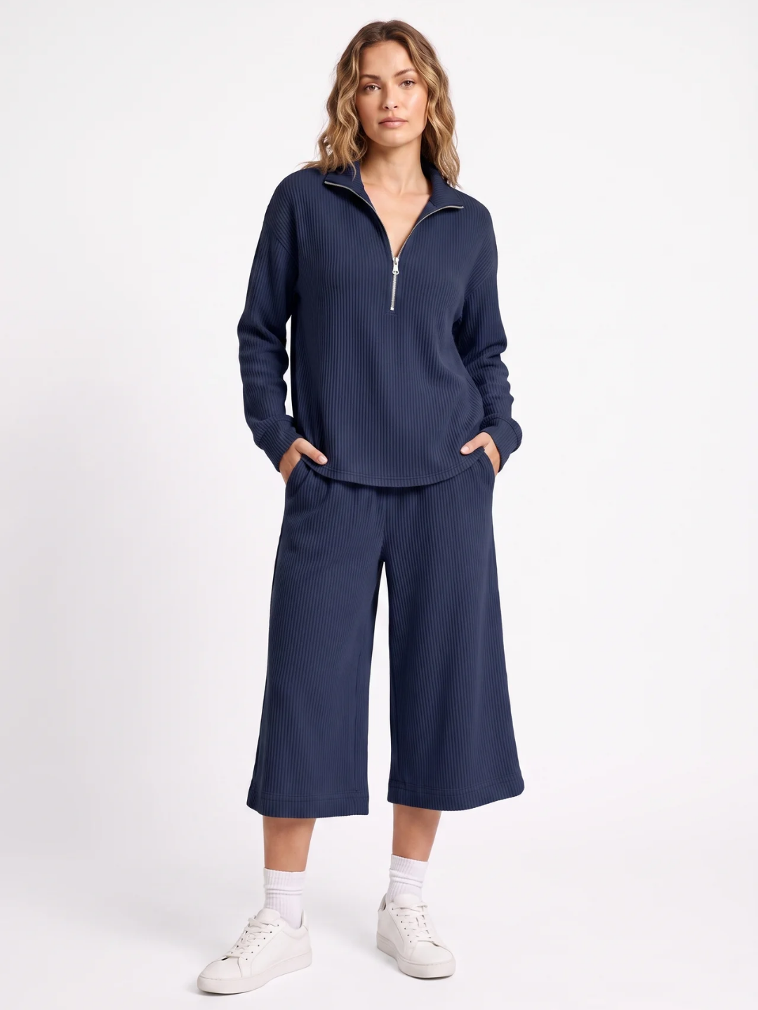 Iris | Half Zip Ribbed Knit Two Piece Set, Wide Leg Loungewear Co-ord