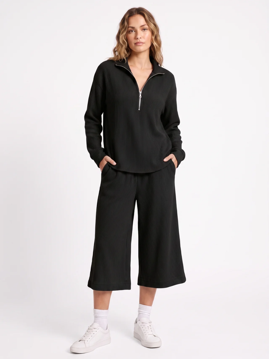 Iris | Half Zip Ribbed Knit Two Piece Set, Wide Leg Loungewear Co-ord