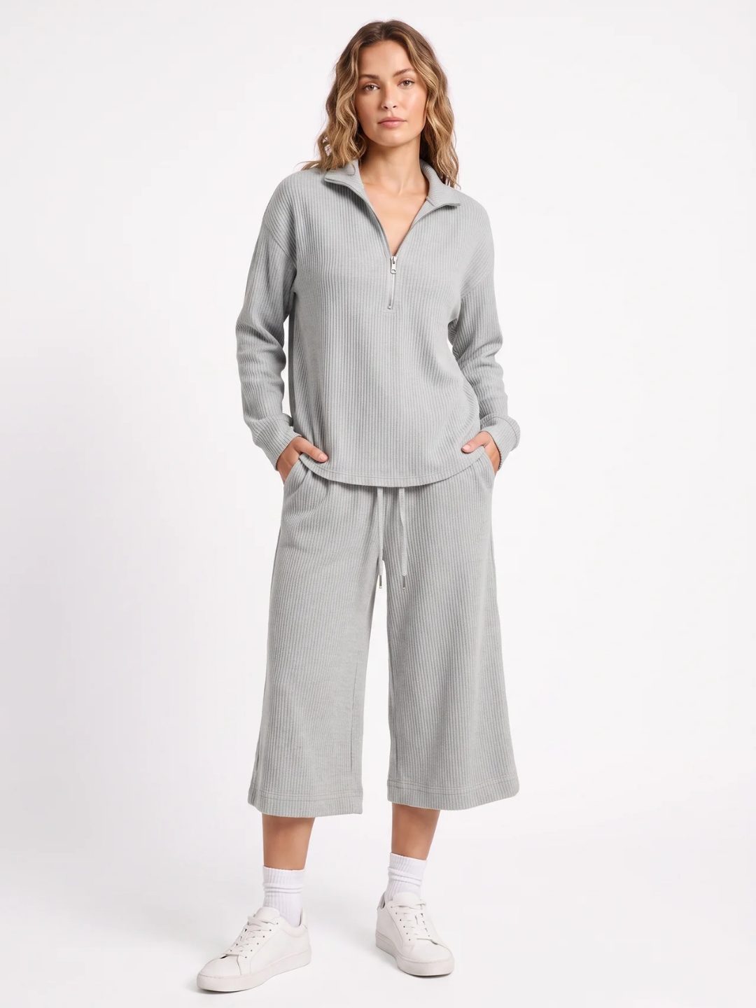 Iris | Half Zip Ribbed Knit Two Piece Set, Wide Leg Loungewear Co-ord