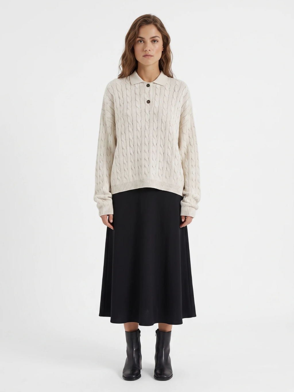 Catherine | Cable Knit Polo Jumper, Half-Button Winter Pullover