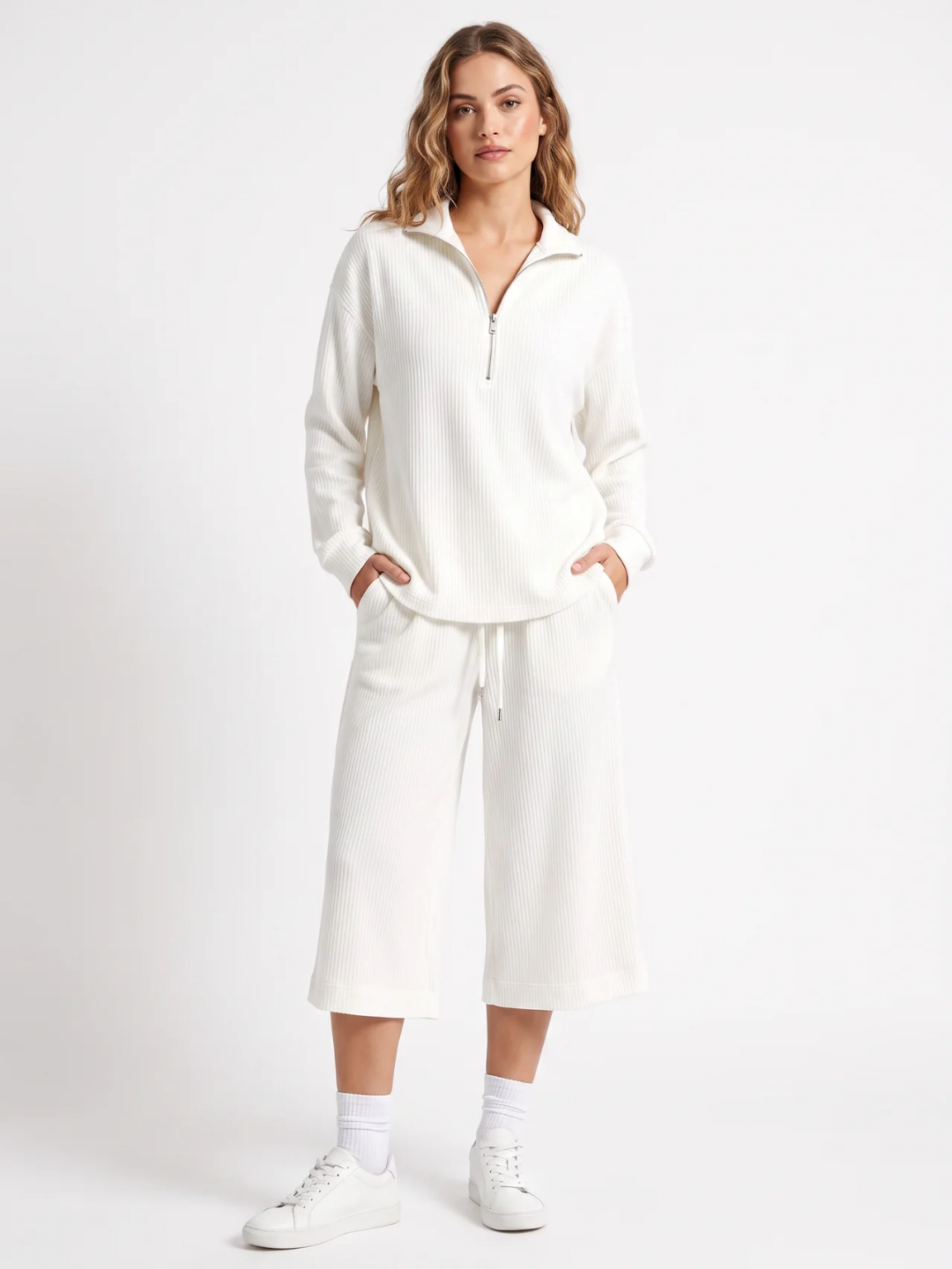Iris | Half Zip Ribbed Knit Two Piece Set, Wide Leg Loungewear Co-ord