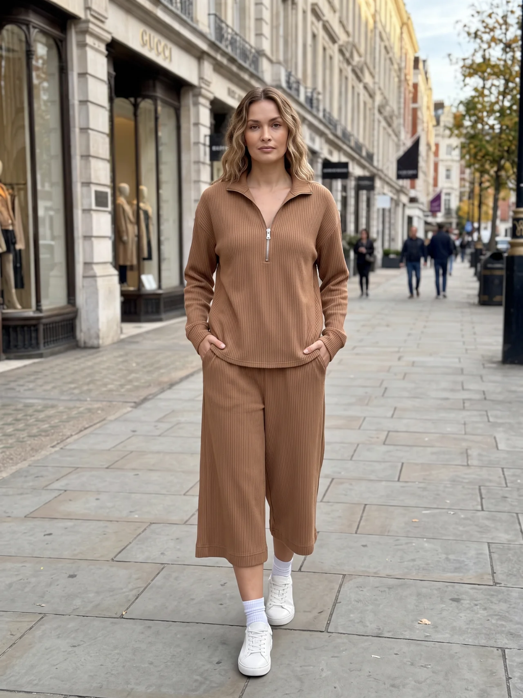 Iris | Half Zip Ribbed Knit Two Piece Set, Wide Leg Loungewear Co-ord