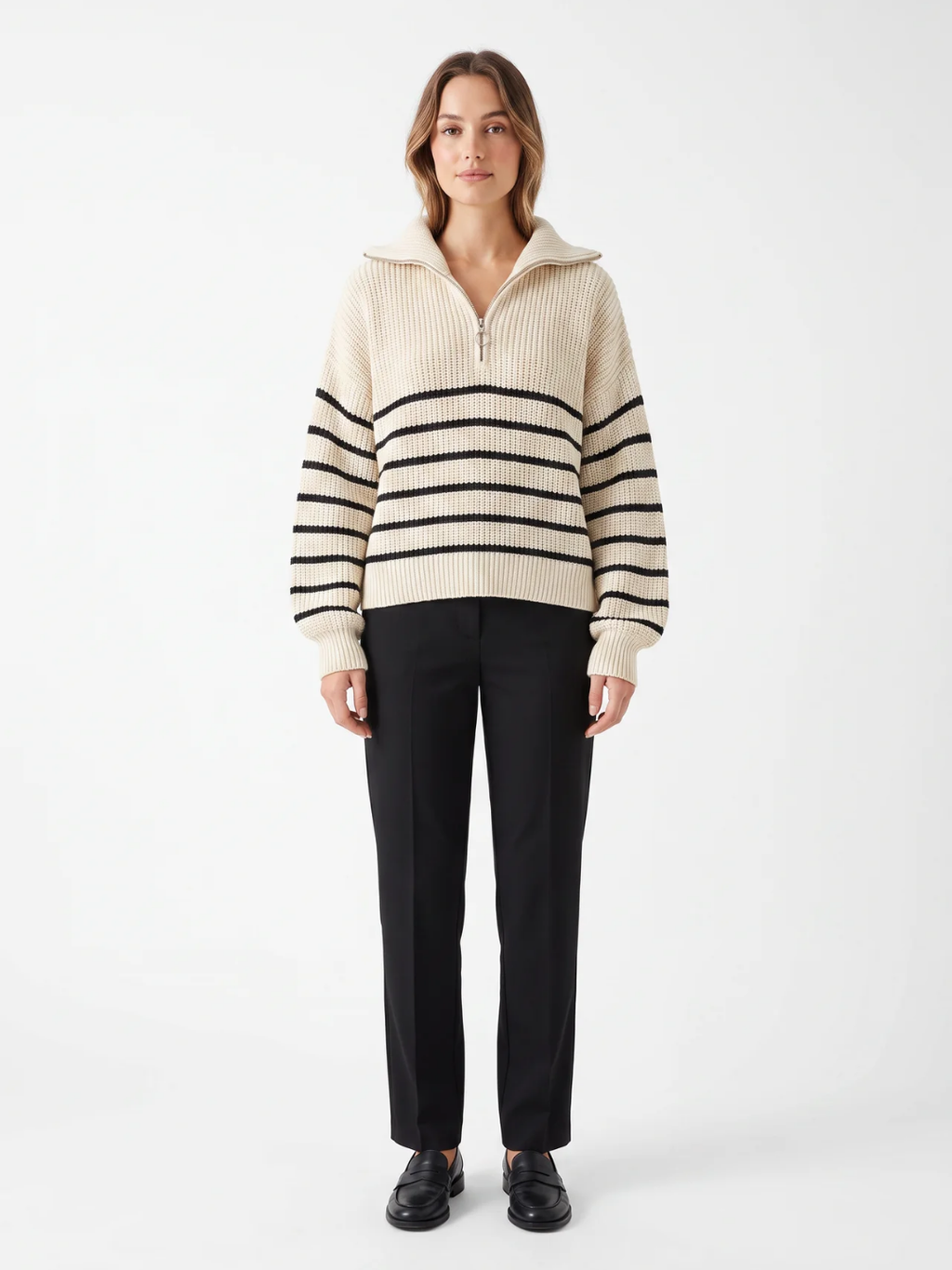 Fern | Striped Half Zip Knit Jumper, Funnel Neck Winter Pullover