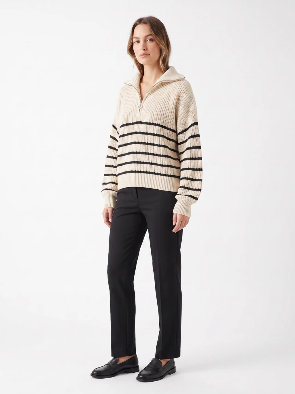 Fern | Striped Half Zip Knit Jumper, Funnel Neck Winter Pullover