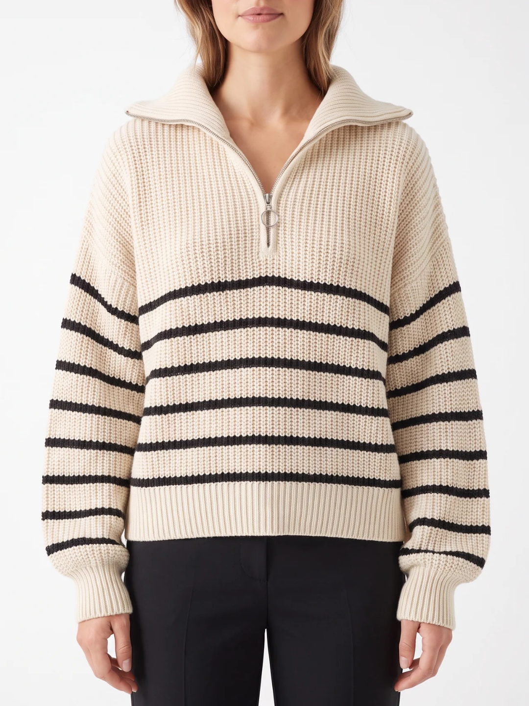 Fern | Striped Half Zip Knit Jumper, Funnel Neck Winter Pullover