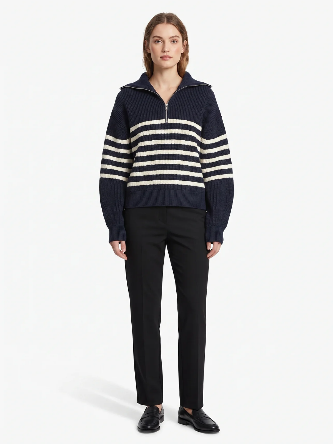 Fern | Striped Half Zip Knit Jumper, Funnel Neck Winter Pullover