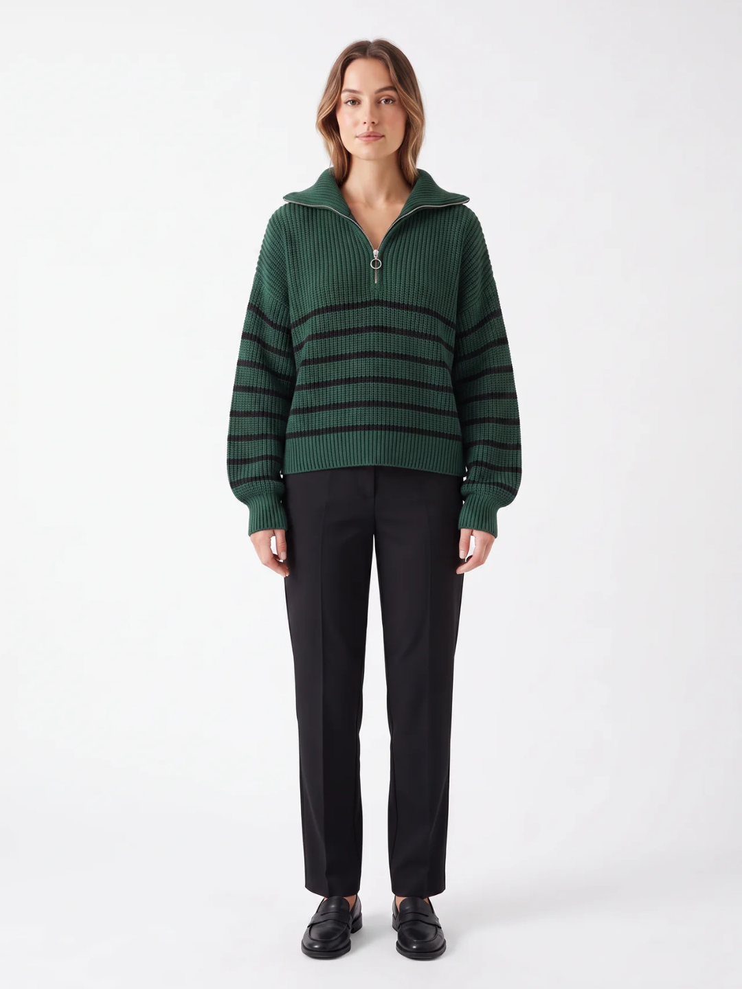 Fern | Striped Half Zip Knit Jumper, Funnel Neck Winter Pullover