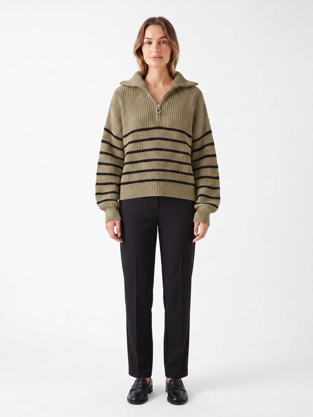 Fern | Striped Half Zip Knit Jumper, Funnel Neck Winter Pullover