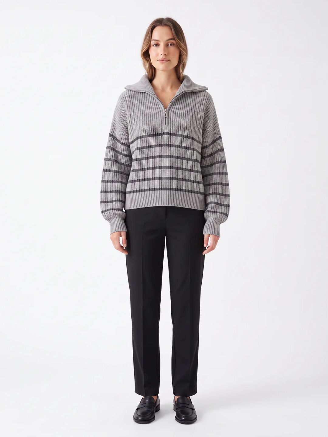 Fern | Striped Half Zip Knit Jumper, Funnel Neck Winter Pullover