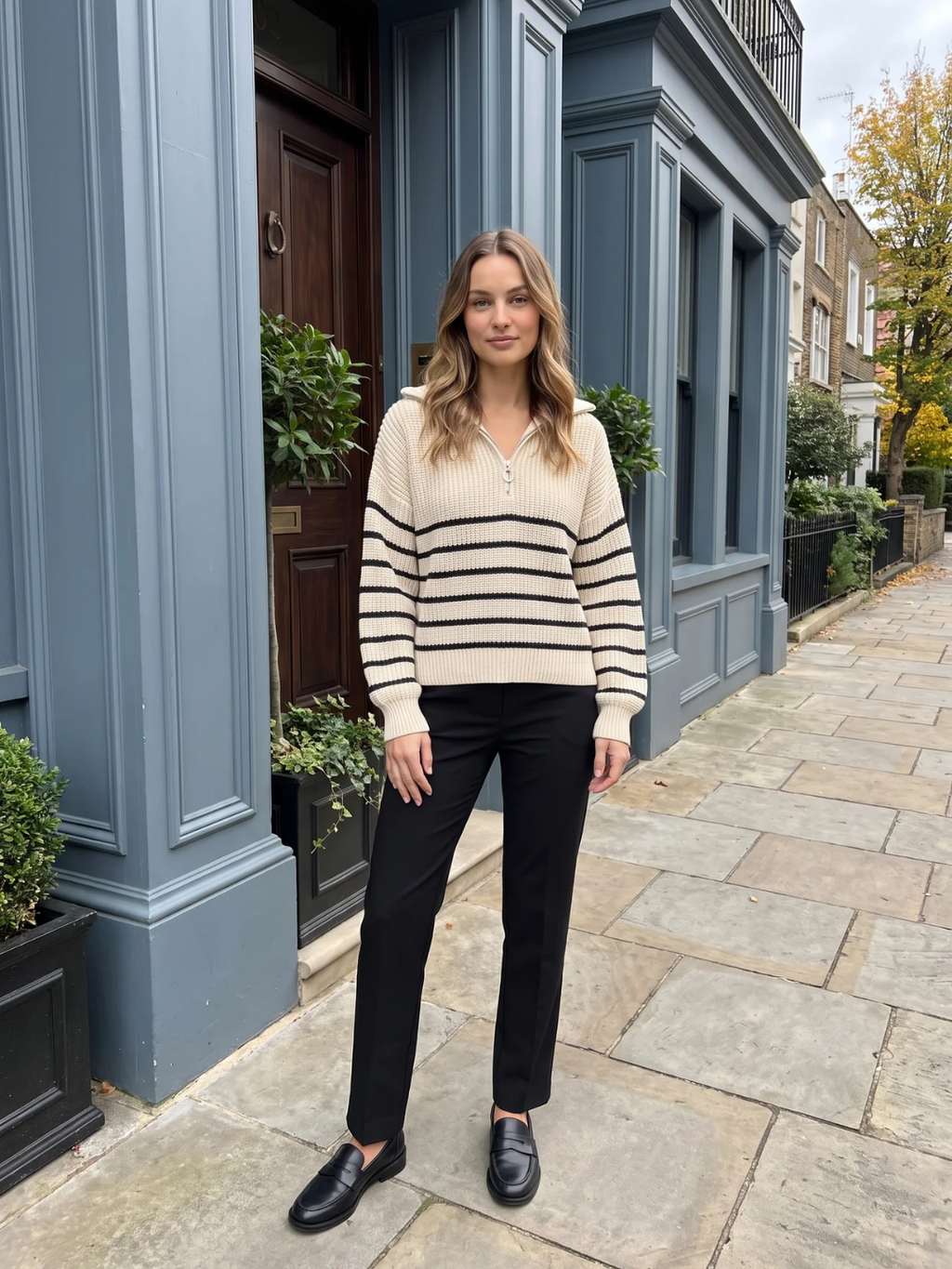 Fern | Striped Half Zip Knit Jumper, Funnel Neck Winter Pullover