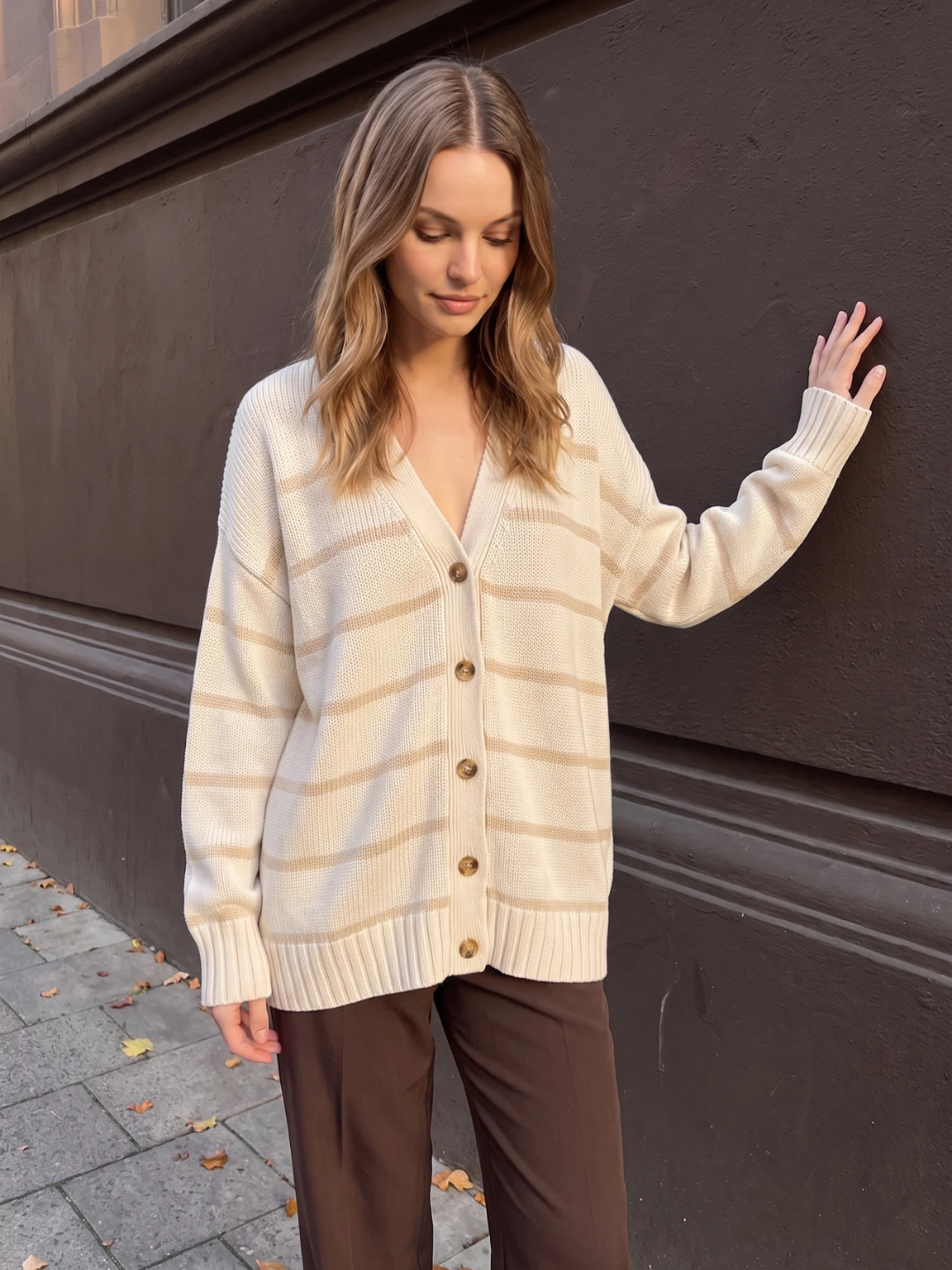 Susannah | Striped Knit Button Cardigan, Oversized V-Neck Autumn Knitwear