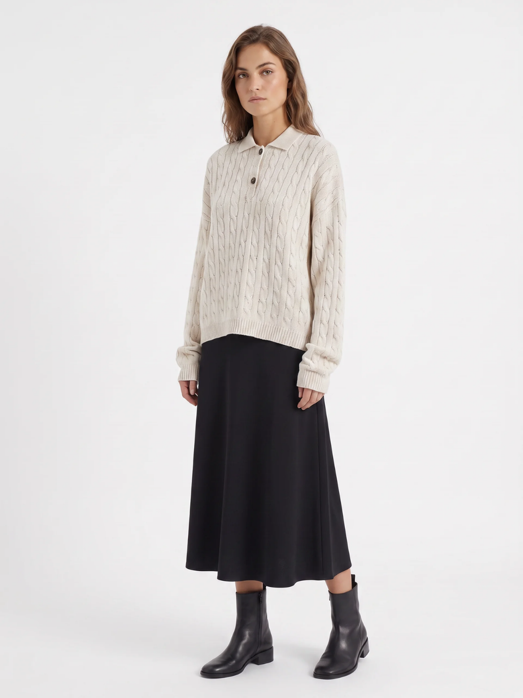 Catherine | Cable Knit Polo Jumper, Half-Button Winter Pullover
