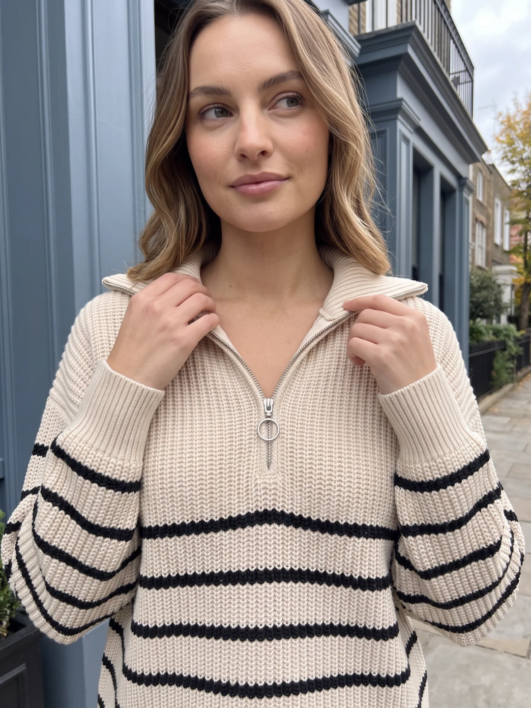 Fern | Striped Half Zip Knit Jumper, Funnel Neck Winter Pullover