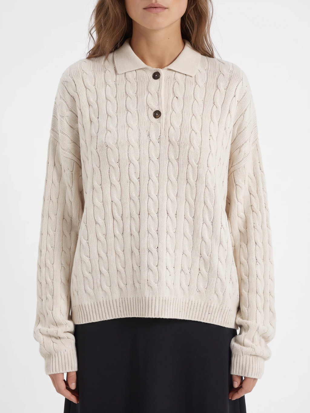Catherine | Cable Knit Polo Jumper, Half-Button Winter Pullover
