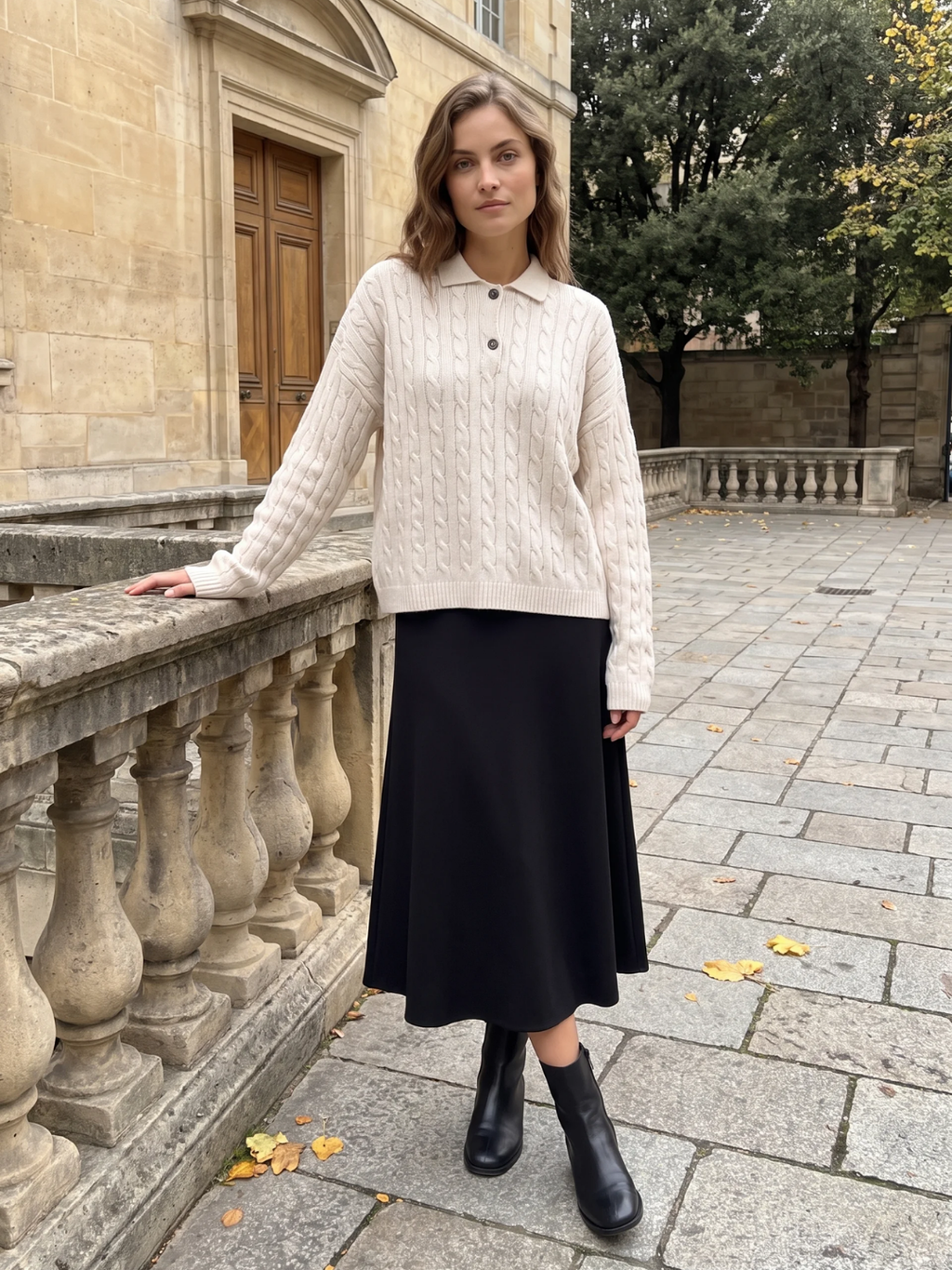 Catherine | Cable Knit Polo Jumper, Half-Button Winter Pullover